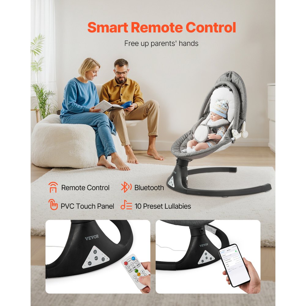 VEVOR Babyschommel, wipstoel met 5 versnellingen, 3 zitposities, babyligstoel met PVC-touchscreen, afstandsbediening, Bluetooth, 10 liedjes en speelstang voor kinderen van 0-9 maanden/0-9 kg