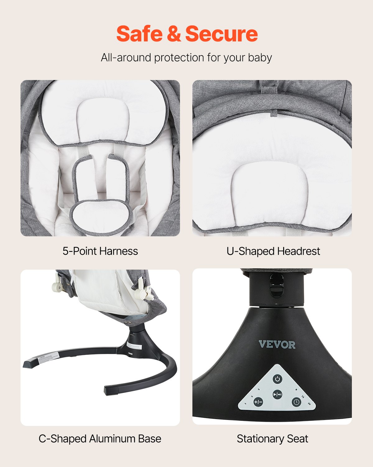 VEVOR Babyschommel, wipstoel met 5 versnellingen, 3 zitposities, babyligstoel met PVC-touchscreen, afstandsbediening, Bluetooth, 10 liedjes en speelstang voor kinderen van 0-9 maanden/0-9 kg