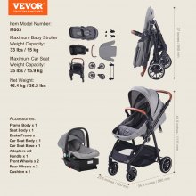 VEVOR 3-in-1 kinderwagen kinderbuggy reisbuggy buggy autostoel donkergrijs & zwart