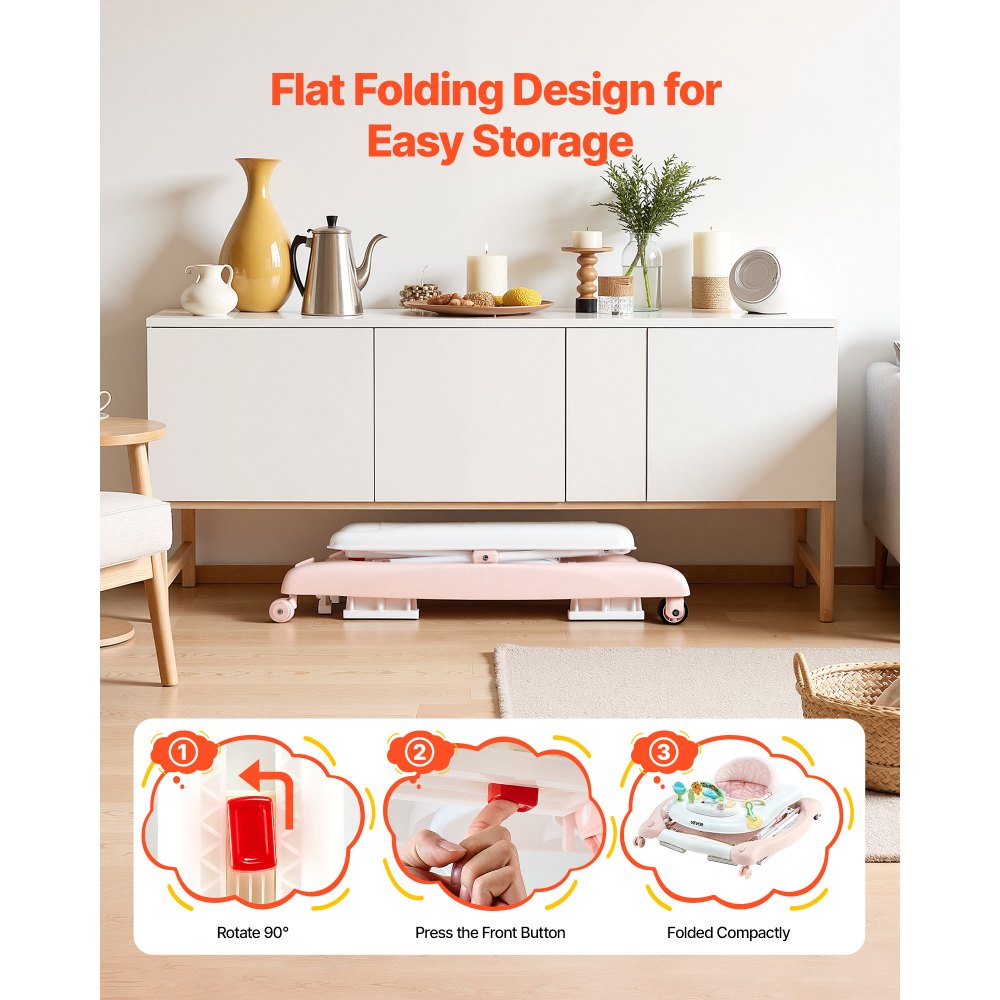 VEVOR 5-in-1 Babywalker, Opvouwbare Babywandelwagen, Speel- & Wandelwagen, In hoogte verstelbare Babybouncer met Comfortabele Hoge Rugleuning, Kantelbeveiliging voor Peuters van 6-24 maanden (Unisex)