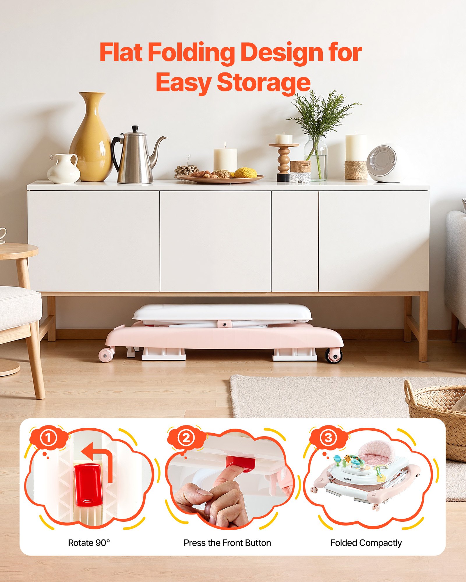 VEVOR 5-in-1 Babywalker, Opvouwbare Babywandelwagen, Speel- & Wandelwagen, In hoogte verstelbare Babybouncer met Comfortabele Hoge Rugleuning, Kantelbeveiliging voor Peuters van 6-24 maanden (Unisex)