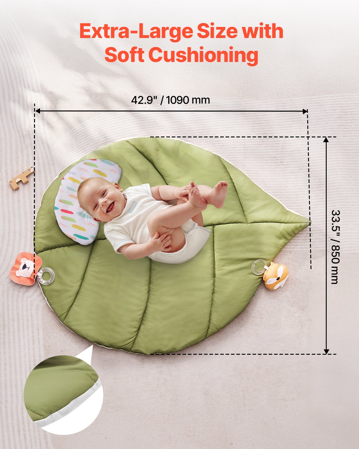 VEVOR Baby Play Gym Mat, Baby Activity Mat with 6 Sensory Toys, Oversize Leaf-Shaped Tummy Time Mat for 0-18 Months Newborn Infant, Baby Essential Gift for Motor Skills & Early Cognitive Development