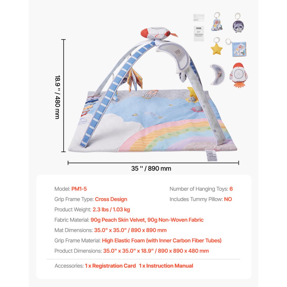 VEVOR Baby Play Gym Mat, Tummy Time Mat with 6 Sensory Toys, Baby Activity Mat with Light-up Musical Rocket Toy for 0-18 Month Newborn Infant, Baby Essential Gift for Sensory & Motor Skill Development