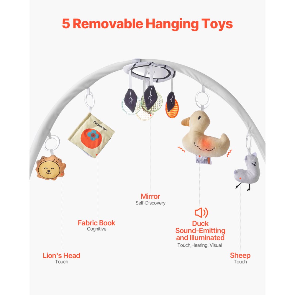 VEVOR Baby Play Gym Mat, Tummy Time Mat with 5 Sensory Toys, Baby Activity Mat with Light-up Musical Duck Toy for 0-18 Months Newborn Infant, Baby Essential Gift for Sensory & Motor Skill Development