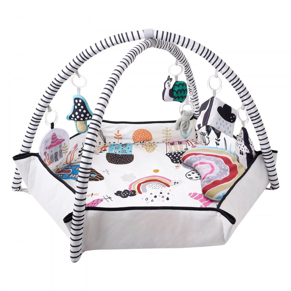 VEVOR Baby Play Gym Mat, Tummy Time Mat with 6 Detachable Sensory Toys, 41.7" x 41.7" Large-Sized Baby Newborn Activity Mat with Fold-up Sides & Soft Fabric for Sensory and Motor Skill Development