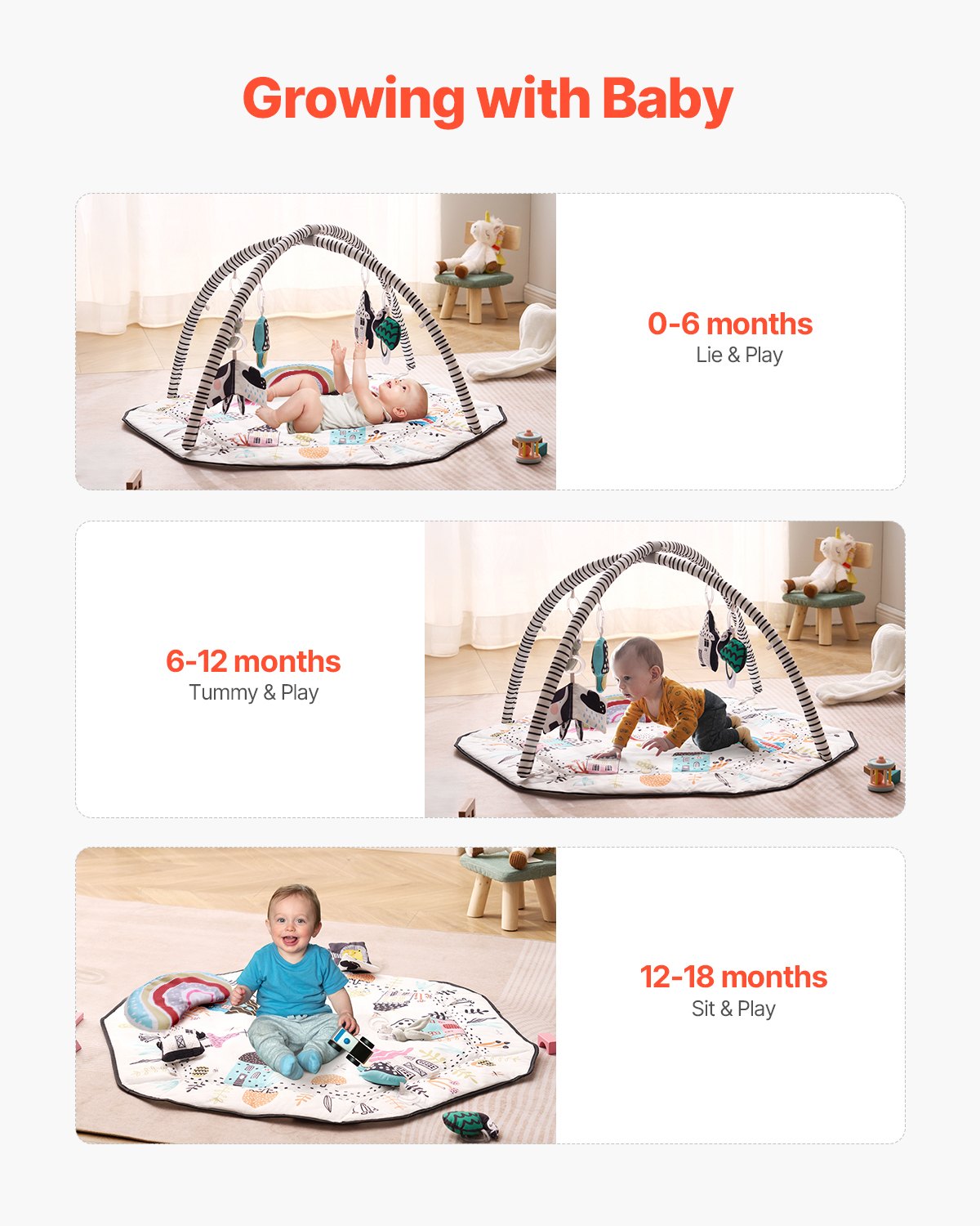 VEVOR Baby Play Gym Mat, Tummy Time Mat with 6 Detachable Sensory Toys, 41.7" x 41.7" Large-Sized Baby Newborn Activity Mat with Fold-up Sides & Soft Fabric for Sensory and Motor Skill Development