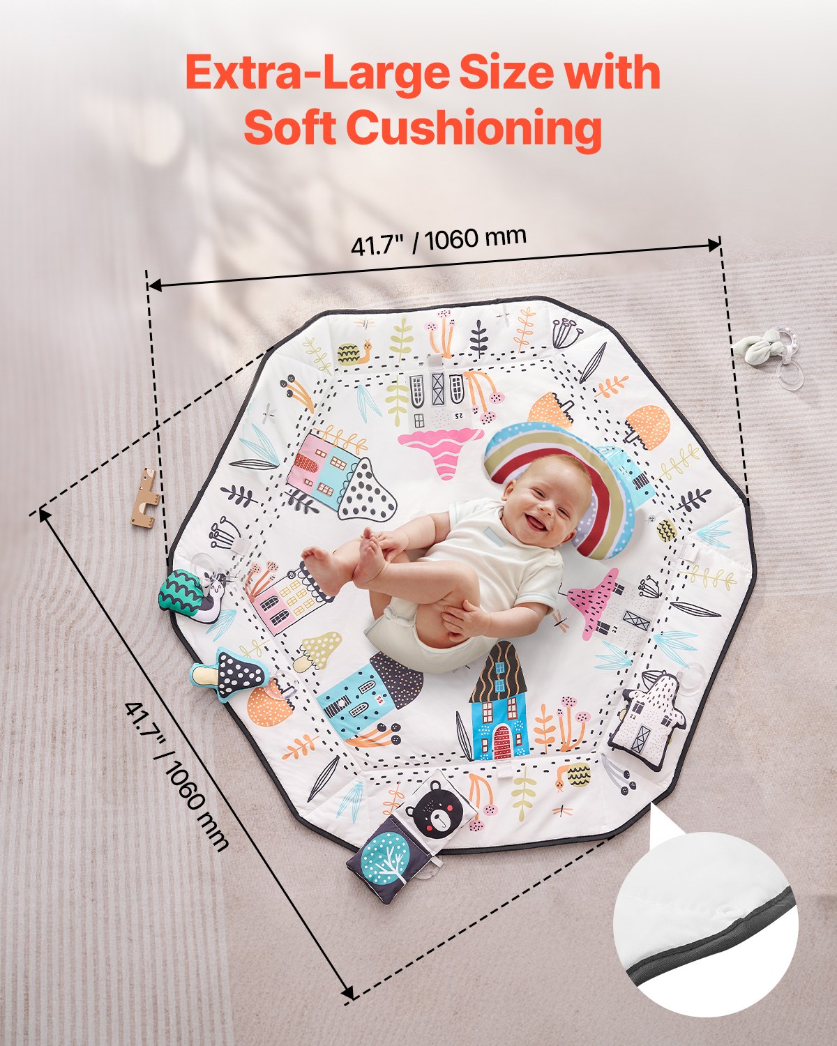VEVOR Baby Play Gym Mat, Tummy Time Mat with 6 Detachable Sensory Toys, 41.7" x 41.7" Large-Sized Baby Newborn Activity Mat with Fold-up Sides & Soft Fabric for Sensory and Motor Skill Development