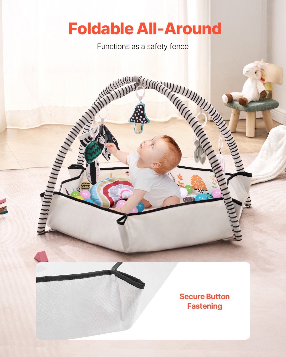 VEVOR Baby Play Gym Mat, Tummy Time Mat with 6 Detachable Sensory Toys, 41.7" x 41.7" Large-Sized Baby Newborn Activity Mat with Fold-up Sides & Soft Fabric for Sensory and Motor Skill Development