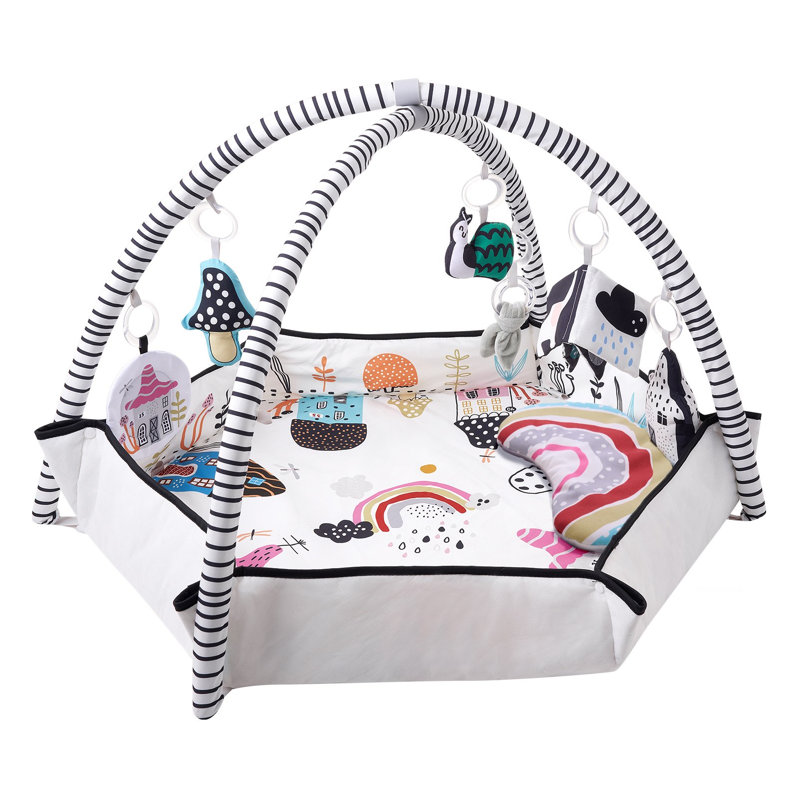 VEVOR Baby Play Gym Mat, Tummy Time Mat with 6 Detachable Sensory Toys, 41.7" x 41.7" Large-Sized Baby Newborn Activity Mat with Fold-up Sides & Soft Fabric for Sensory and Motor Skill Development