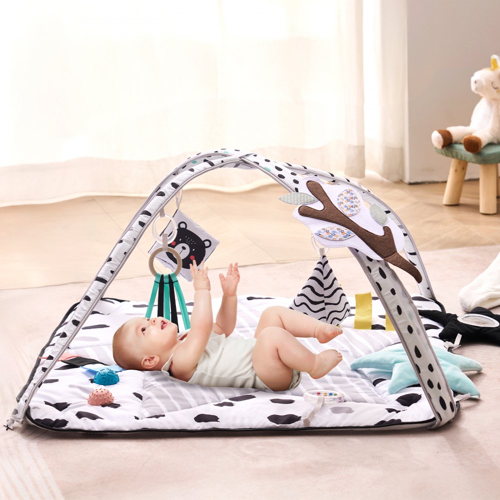 VEVOR Baby Play Gym Mat, Tummy Time Mat with 6 Sensory Toys, Baby Activity Mat with 2 Touch Balls & Soft Fabric for Sensory & Motor Skill Development, Baby Essential Gift for 0-18 Month Newborn Infant