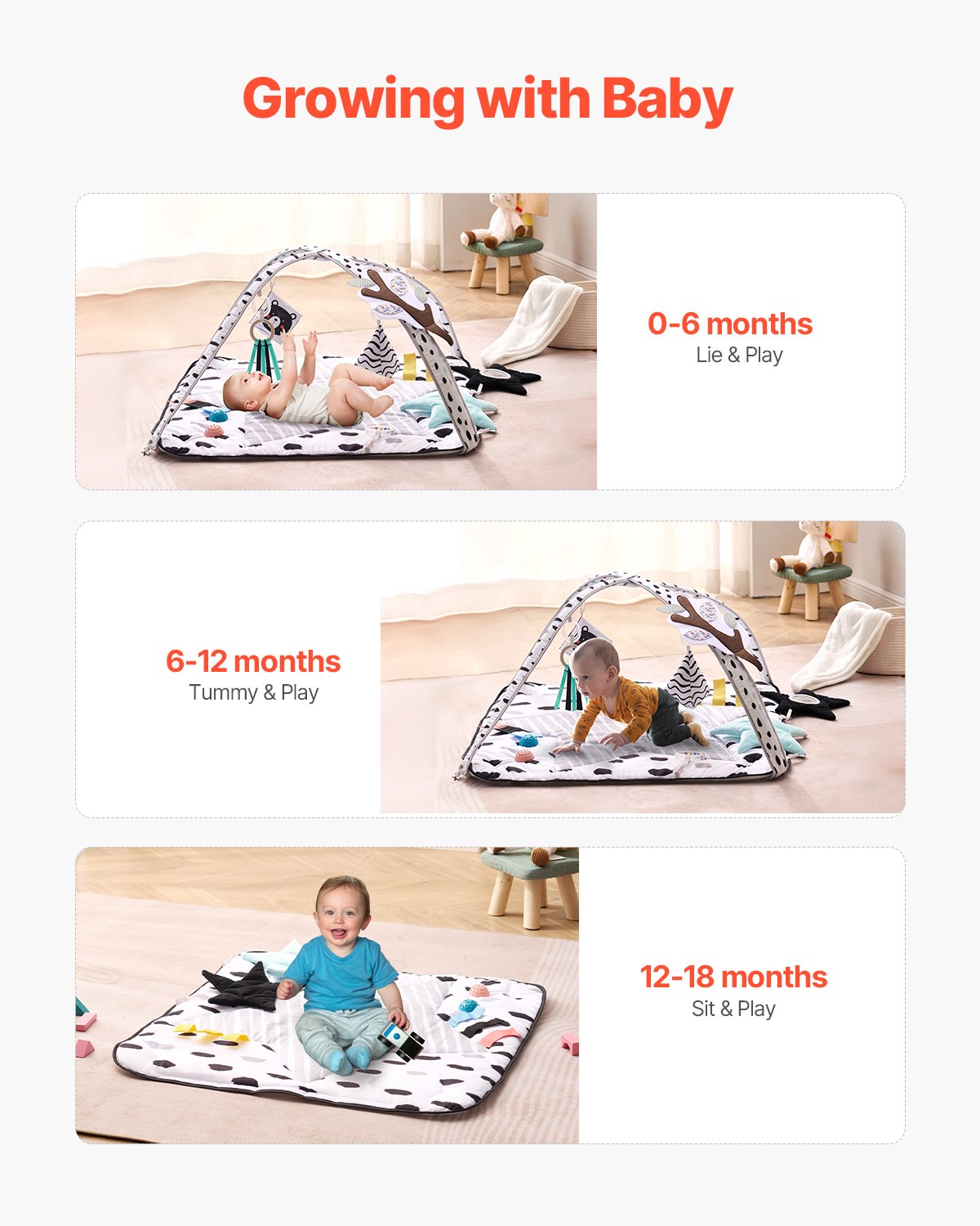VEVOR Baby Play Gym Mat, Tummy Time Mat with 6 Sensory Toys, Baby Activity Mat with 2 Touch Balls & Soft Fabric for Sensory & Motor Skill Development, Baby Essential Gift for 0-18 Month Newborn Infant