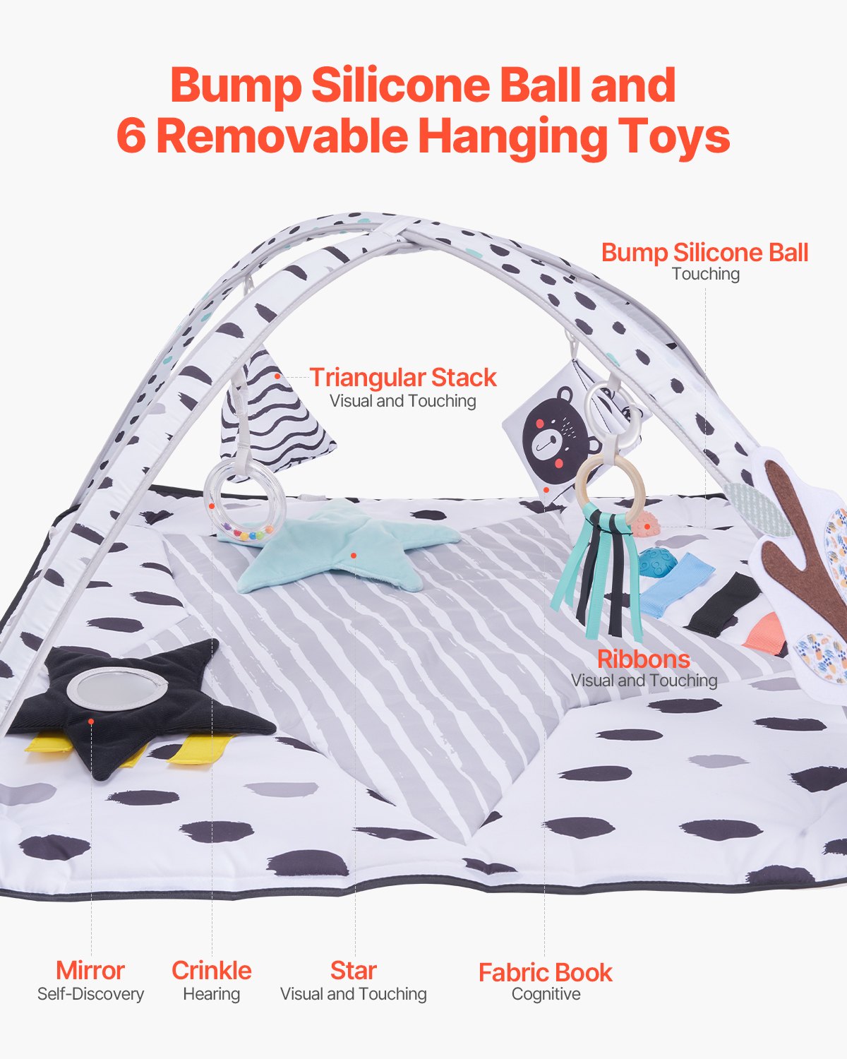 VEVOR Baby Play Gym Mat, Tummy Time Mat with 6 Sensory Toys, Baby Activity Mat with 2 Touch Balls & Soft Fabric for Sensory & Motor Skill Development, Baby Essential Gift for 0-18 Month Newborn Infant