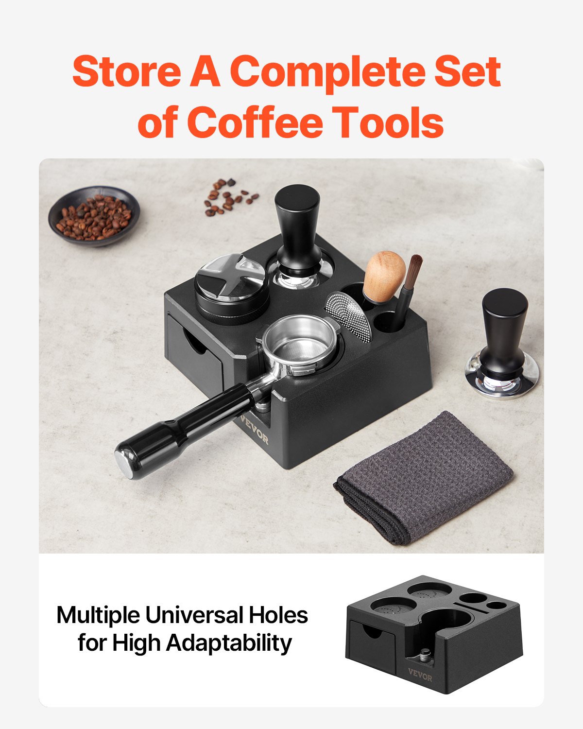VEVOR Espresso Tamping Station, ABS Material, 7-in-1 Multifunctional Tamping Station with Detachable Slot, Easy to Clean Espresso Knock Box with Non-Slip Base, Fits for 51-58 mm Handles