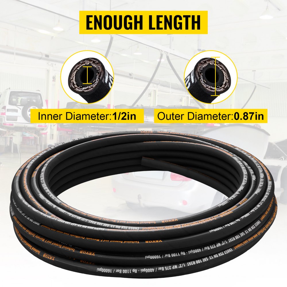 VEVOR hydraulische slang 1/2 inch x 30,5 m, geweven hydraulische slang 4000 PSI, rubberen hydraulische slang met 2 gevlochten lagen van zeer sterk staaldraad, hydraulische slang op rol -20 ℃ tot 140 ℃