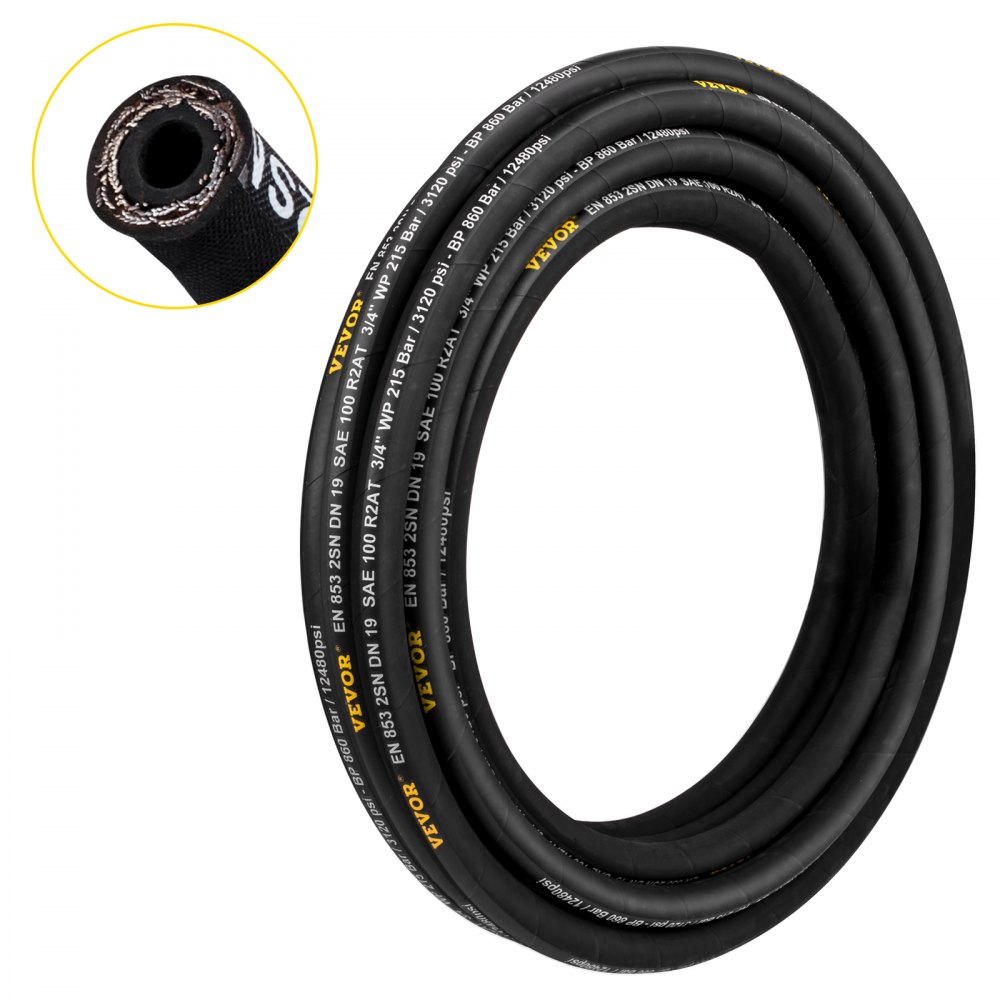 VEVOR hydraulic hose, black with yellow text detailing pressure ratings and specifications.