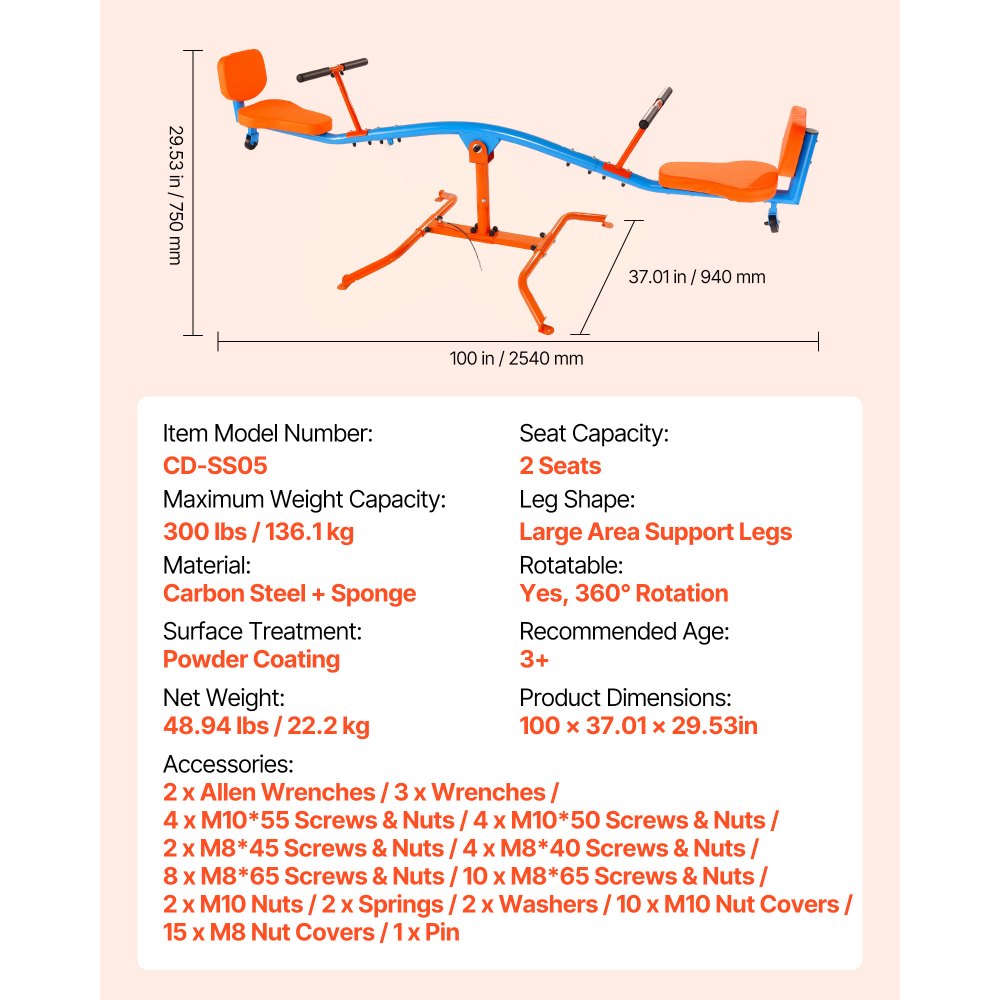 VEVOR Kids Seesaw, 300 lbs Load Capacity, Sit and Spin Teeter Totter with Easy-Grip Handles, Kids Outdoor Playground Equipment, Outside Toys, Swiveling 360 Degrees Rotating for Children Aged 3+