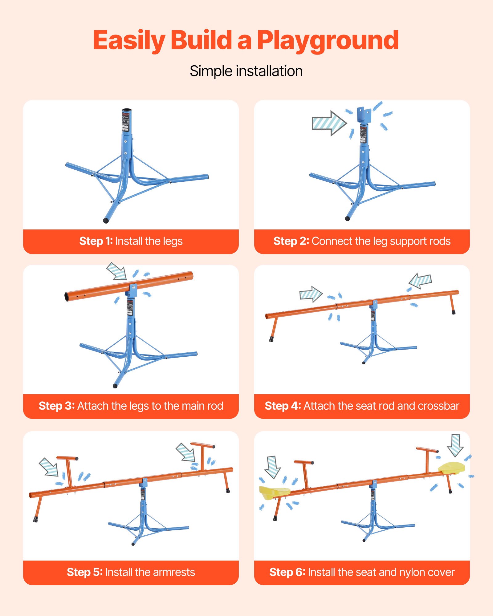 VEVOR Kinderwip, 45,4 kg draagvermogen per zitplaats, tuinwip met 3-puntige steunpoten, schommelwip, draaiwip, 360 graden draaibaar, speeltoestel voor kinderen vanaf 3 jaar, 1905 x 620 x 660 mm