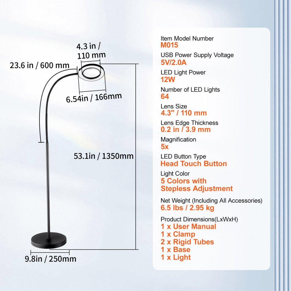 VEVOR Vloervergrootglas Standaard Vergrootglas 5x Standaard Vergrootglas met Licht, In Hoogte Verstelbare Standaard Vergrootglas met Licht, 12W Flexibele Zwanenhals, 3-in-1 LED 5 Kleurstanden, Vergrootlamp voor Lezen Senioren Hobby's Knutselen