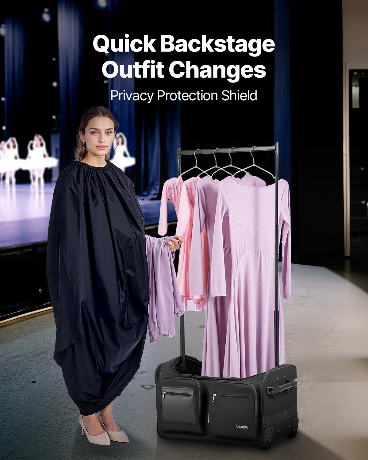 VEVOR Dance Bag with Garment Rack, 23 Inch Rolling Dance Duffel, with Wheels, USB Port, Height Adjustable Clothes Rack, Privacy Protection Curtain, Ideal for Travel and Competitions, Matte Black