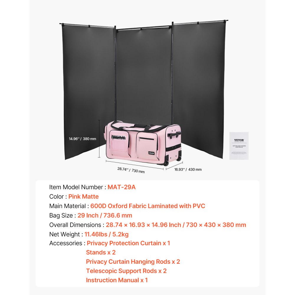 VEVOR Dance Bag with Garment Rack, 29 Inch Rolling Dance Duffel, with Wheels, USB Port, Height Adjustable Clothes Rack, Privacy Protection Curtain, Ideal for Travel and Competitions, Matte Pink