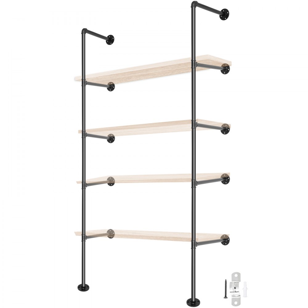 VEVOR Industrial Pipe Shelves 5-Tier Wall Mount Iron Pipe Shelves 2 PCS Pipe Shelving Vintage Black DIY Pipe Bookshelf Each Holds 44lbs Open Kitchen Shelving for Bedroom & Living Room with Accessories