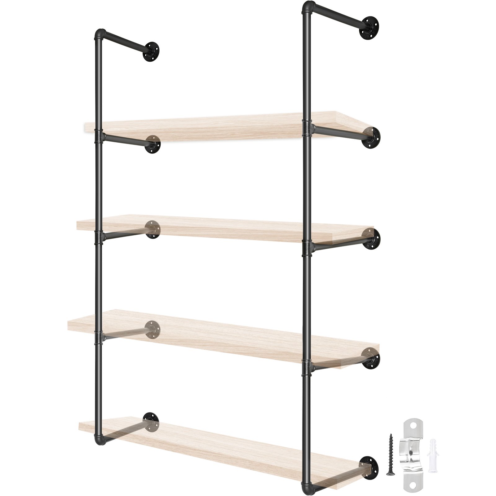 VEVOR Industrial Pipe Shelves 4-Tier Wall Mount Iron Pipe Shelves 2 PCS Pipe Shelving Vintage Black DIY Pipe Bookshelf Each Holds 44lbs Open Kitchen Shelving for Bedroom & Living Room with Accessories