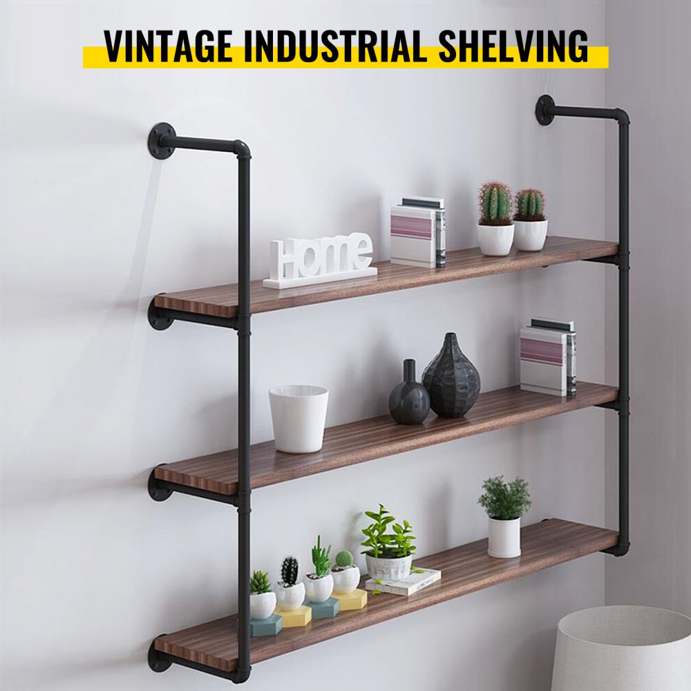 VEVOR Industrial Pipe Shelves 3-Tier Wall Mount Iron Pipe Shelves 2 PCS Pipe Shelving Vintage Black DIY Pipe Bookshelf Each Holds 44lbs Open Kitchen Shelving for Bedroom & Living Room with Accessories