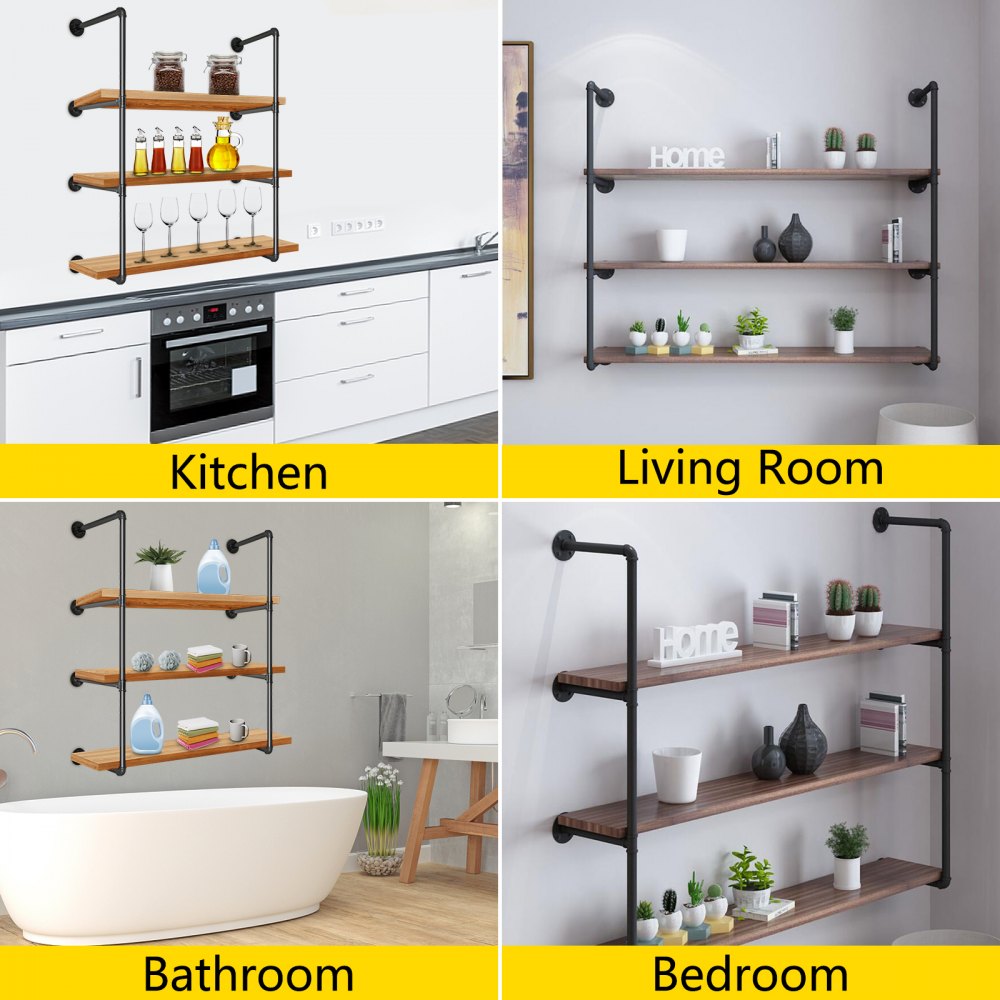 VEVOR Industrial Pipe Shelves 3-Tier Wall Mount Iron Pipe Shelves 2 PCS Pipe Shelving Vintage Black DIY Pipe Bookshelf Each Holds 44lbs Open Kitchen Shelving for Bedroom & Living Room with Accessories
