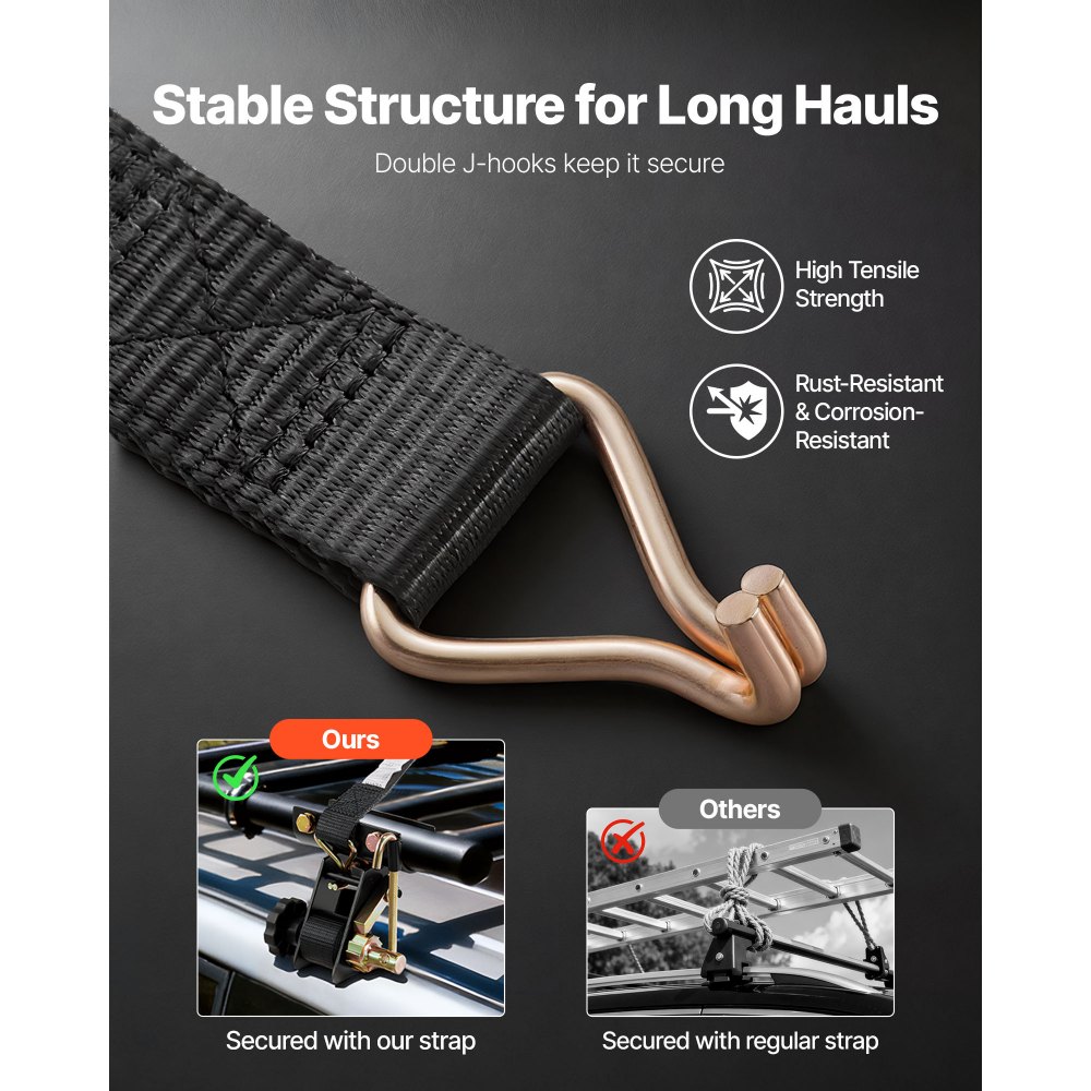 VEVOR Ladderframe Spanbanden, 47,5–50,8 mm, Zwarte Ronde Buis Montage, 38 mm x 2,25 m, Ratelbanden met Dubbele J-haken, 226,8 kg Draagvermogen, met Gespsluiting (Verpakking van 4)