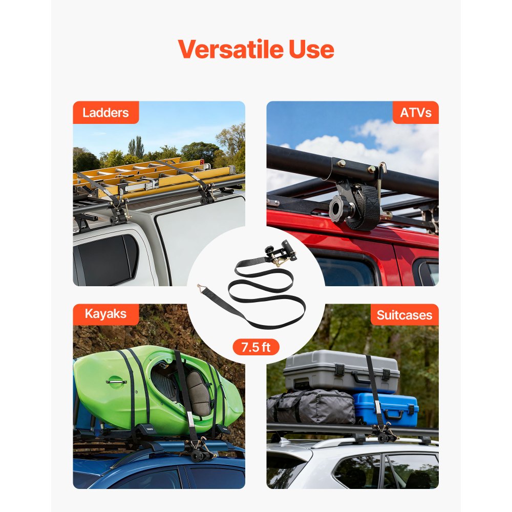 VEVOR Ladderframe Spanbanden, 47,5–50,8 mm, Zwarte Ronde Buis Montage, 38 mm x 2,25 m, Ratelbanden met Dubbele J-haken, 226,8 kg Draagvermogen, met Gespsluiting (Verpakking van 4)