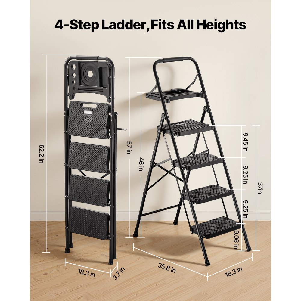 VEVOR 4-treden opvouwbare ladder met gereedschapsbak en comfortabele handgreep, huishoudladder, draagvermogen tot 272 kg, trapladder, opvouwbare kruk, veiligheidsladder voor keuken, huis en kantoor, zwart