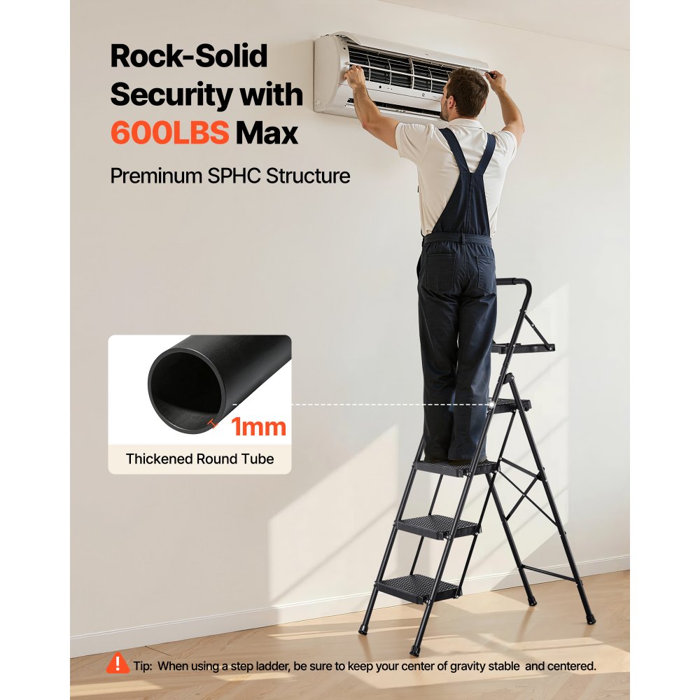 VEVOR 4-treden opvouwbare ladder met gereedschapsbak en comfortabele handgreep, huishoudladder, draagvermogen tot 272 kg, trapladder, opvouwbare kruk, veiligheidsladder voor keuken, huis en kantoor, zwart