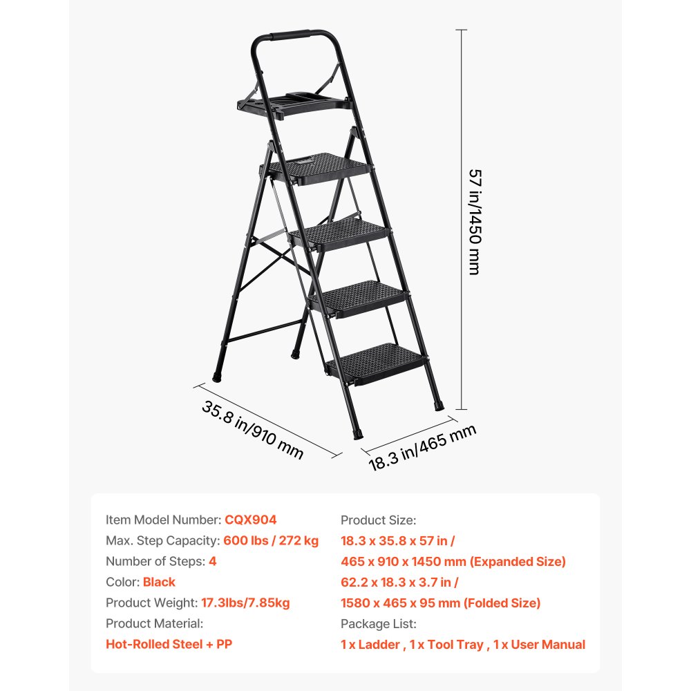 VEVOR 4-treden opvouwbare ladder met gereedschapsbak en comfortabele handgreep, huishoudladder, draagvermogen tot 272 kg, trapladder, opvouwbare kruk, veiligheidsladder voor keuken, huis en kantoor, zwart