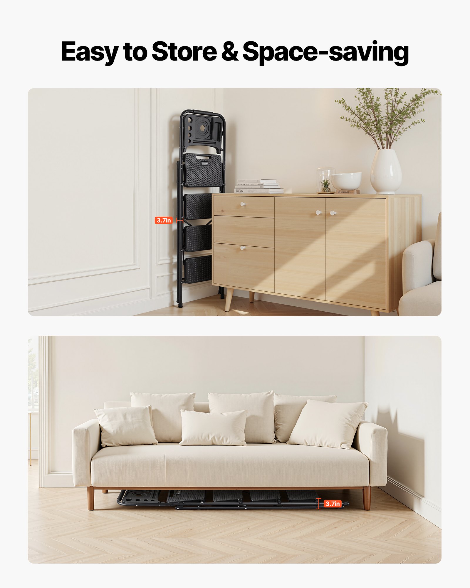 VEVOR 4-treden opvouwbare ladder met gereedschapsbak en comfortabele handgreep, huishoudladder, draagvermogen tot 272 kg, trapladder, opvouwbare kruk, veiligheidsladder voor keuken, huis en kantoor, zwart