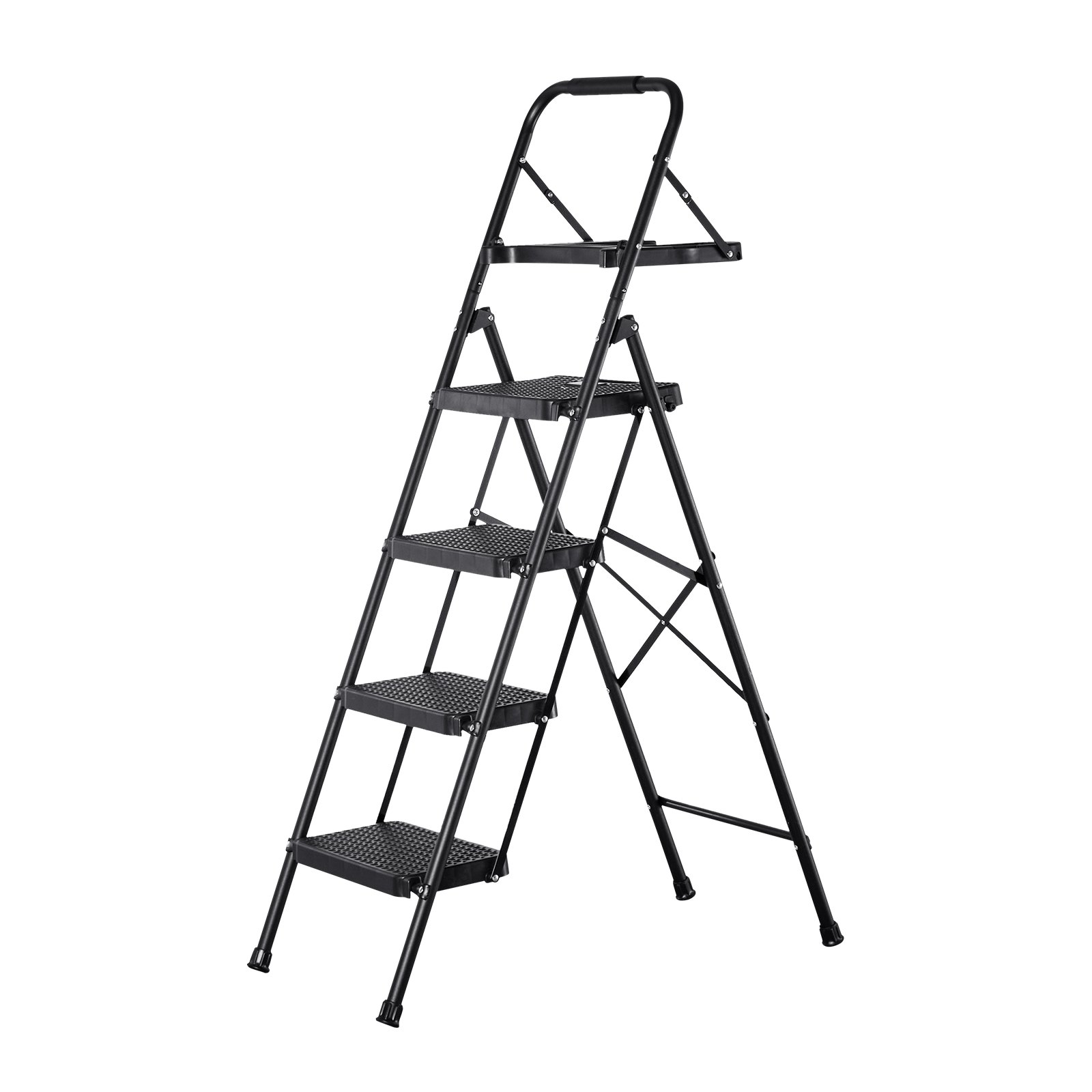 VEVOR 4-treden opvouwbare ladder met gereedschapsbak en comfortabele handgreep, huishoudladder, draagvermogen tot 272 kg, trapladder, opvouwbare kruk, veiligheidsladder voor keuken, huis en kantoor, zwart