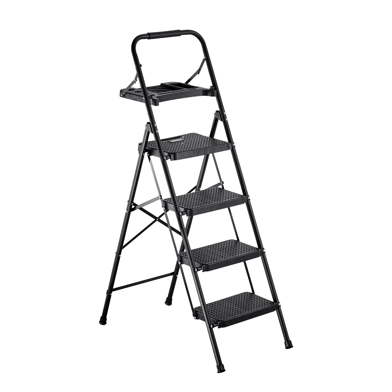 VEVOR 4-treden opvouwbare ladder met gereedschapsbak en comfortabele handgreep, huishoudladder, draagvermogen tot 272 kg, trapladder, opvouwbare kruk, veiligheidsladder voor keuken, huis en kantoor, zwart