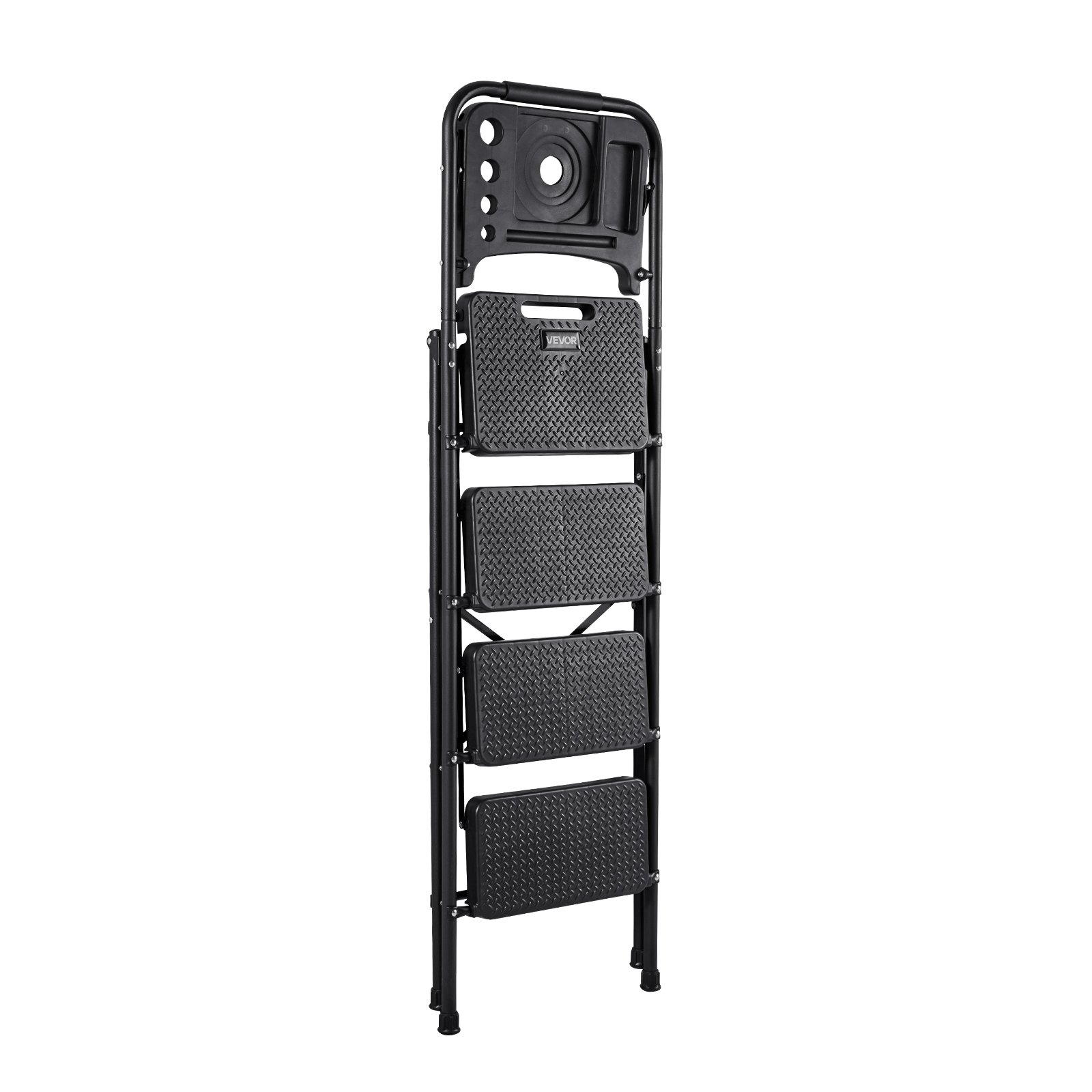 VEVOR 4-treden opvouwbare ladder met gereedschapsbak en comfortabele handgreep, huishoudladder, draagvermogen tot 272 kg, trapladder, opvouwbare kruk, veiligheidsladder voor keuken, huis en kantoor, zwart