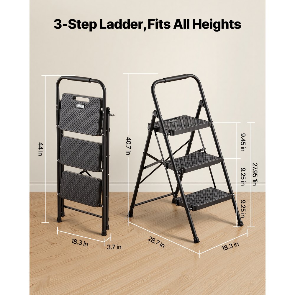 VEVOR 3-treden opvouwbare ladder met antislip treden en comfortabele handgreep, huishoudladder met een draagvermogen van 272 kg, opvouwbare opstap, veiligheidsladder voor keuken, huis en kantoor, zwart