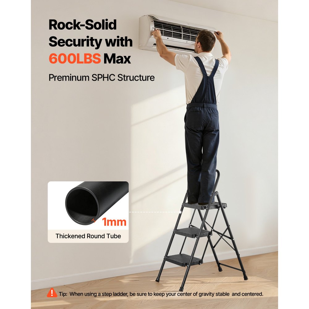 VEVOR 3-treden opvouwbare ladder met antislip treden en comfortabele handgreep, huishoudladder met een draagvermogen van 272 kg, opvouwbare opstap, veiligheidsladder voor keuken, huis en kantoor, zwart