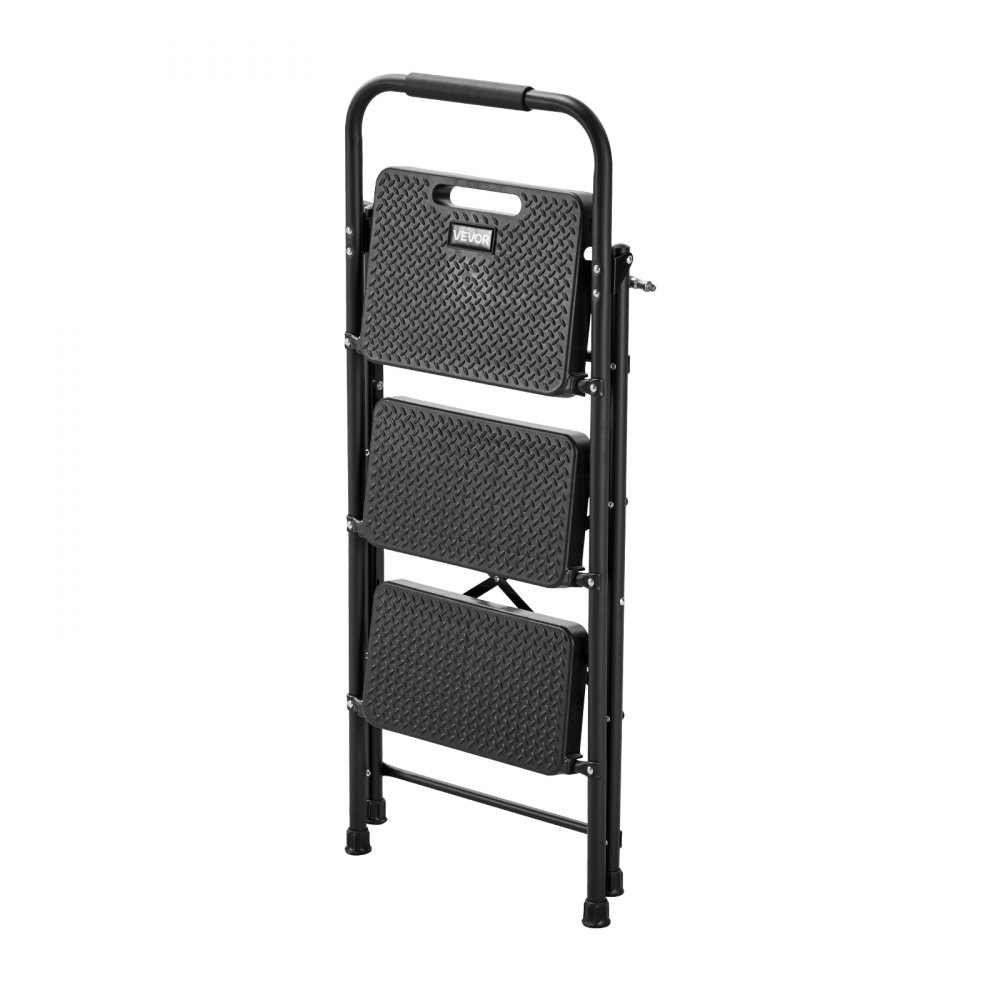 VEVOR 3-treden opvouwbare ladder met antislip treden en comfortabele handgreep, huishoudladder met een draagvermogen van 272 kg, opvouwbare opstap, veiligheidsladder voor keuken, huis en kantoor, zwart