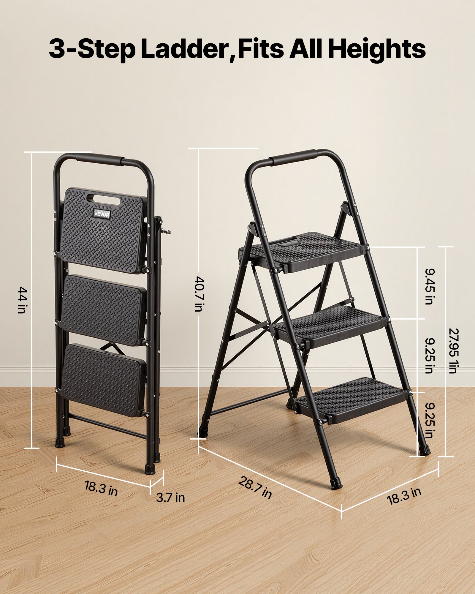 VEVOR 3-treden opvouwbare ladder met antislip treden en comfortabele handgreep, huishoudladder met een draagvermogen van 272 kg, opvouwbare opstap, veiligheidsladder voor keuken, huis en kantoor, zwart