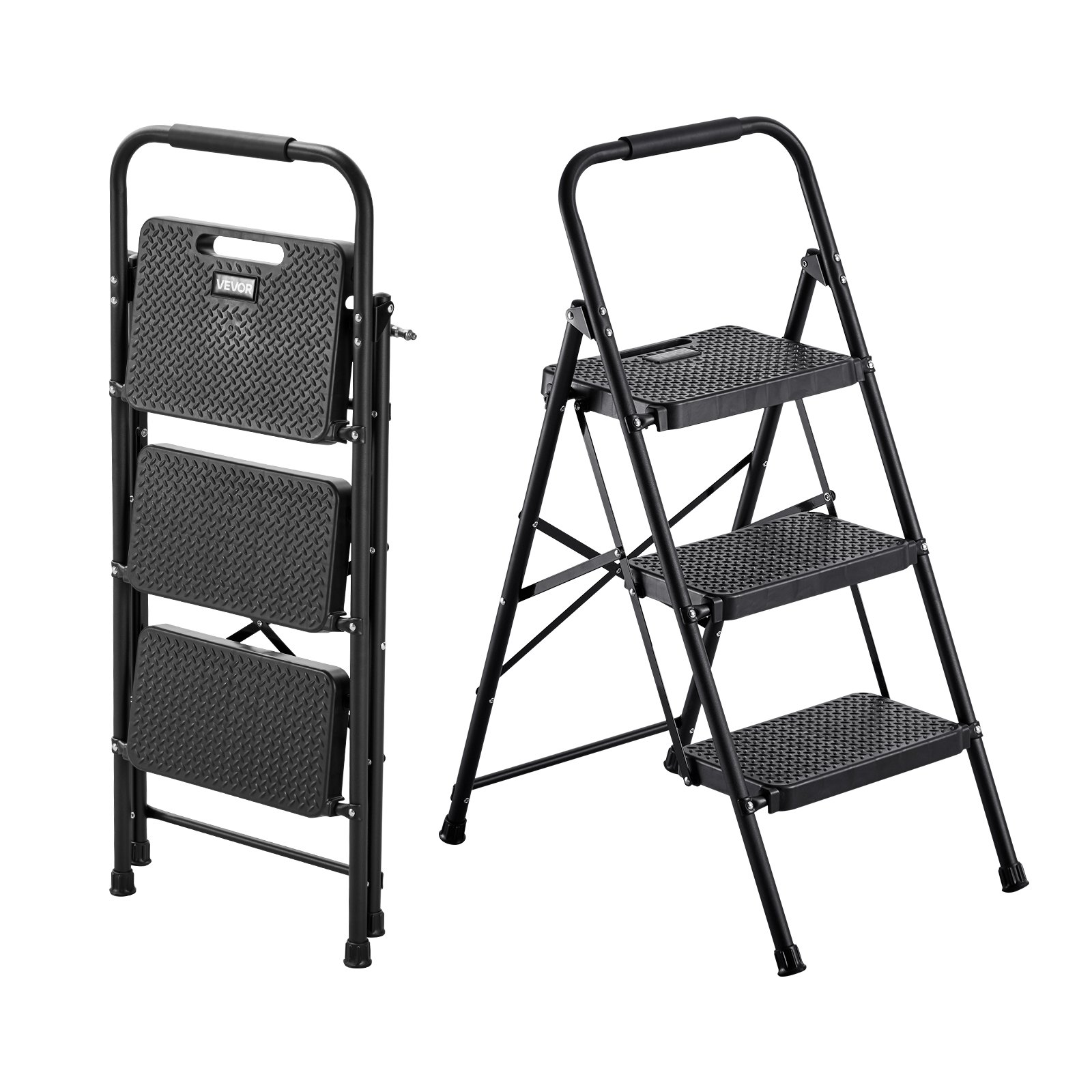 VEVOR 3-treden opvouwbare ladder met antislip treden en comfortabele handgreep, huishoudladder met een draagvermogen van 272 kg, opvouwbare opstap, veiligheidsladder voor keuken, huis en kantoor, zwart