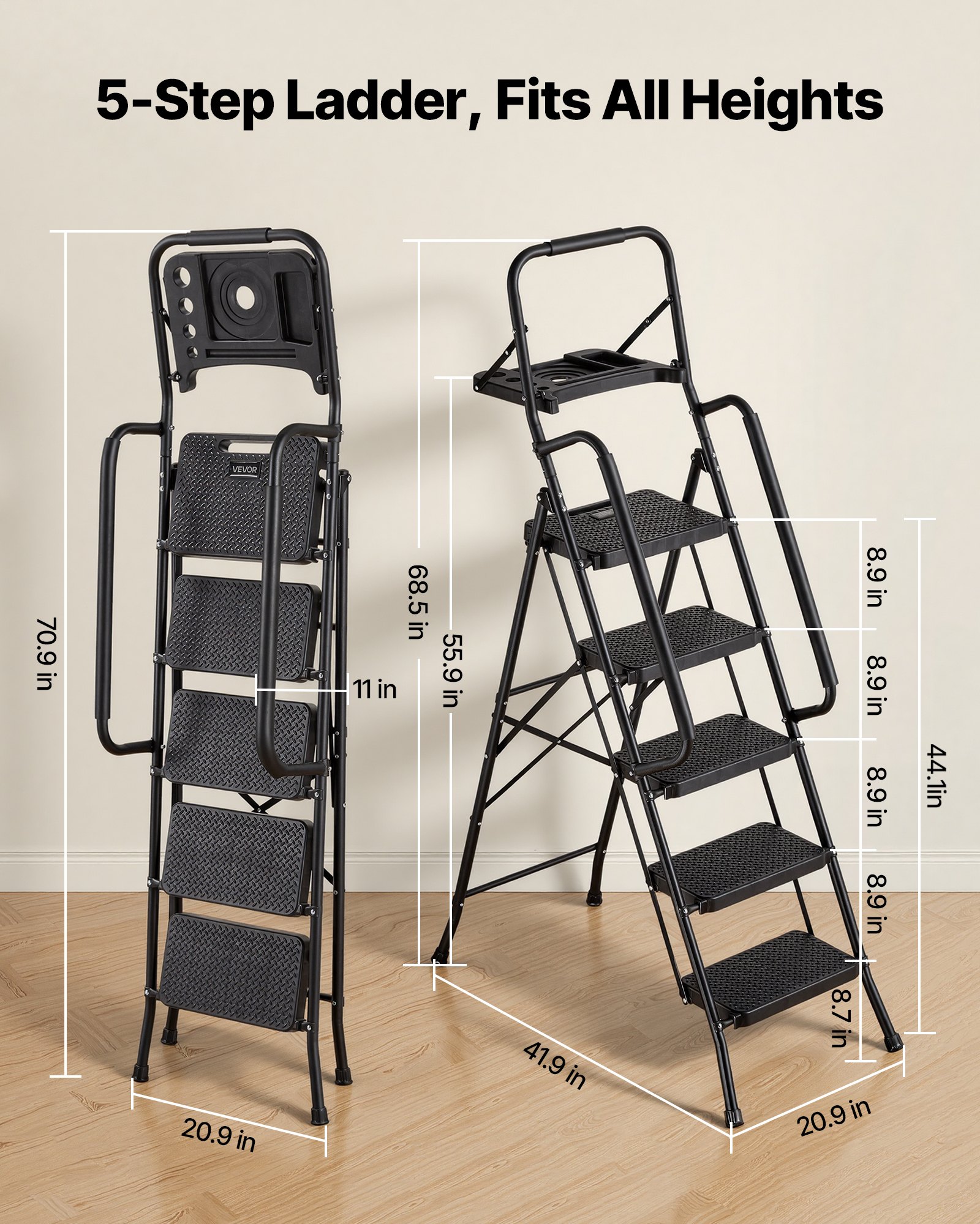 VEVOR 5-treden opvouwbare ladder met gereedschapsplank, leuningen aan beide zijden, veiligheidsladder, draagvermogen 272 kg, trapladder, opvouwbare kruk, huishoudladder voor keuken, huis en kantoor, zwart