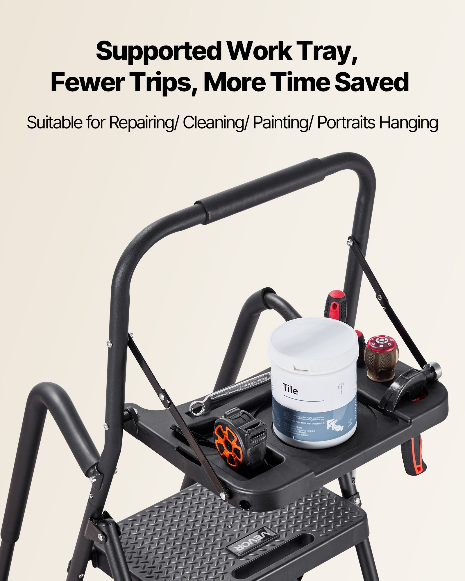 VEVOR 5-treden opvouwbare ladder met gereedschapsplank, leuningen aan beide zijden, veiligheidsladder, draagvermogen 272 kg, trapladder, opvouwbare kruk, huishoudladder voor keuken, huis en kantoor, zwart