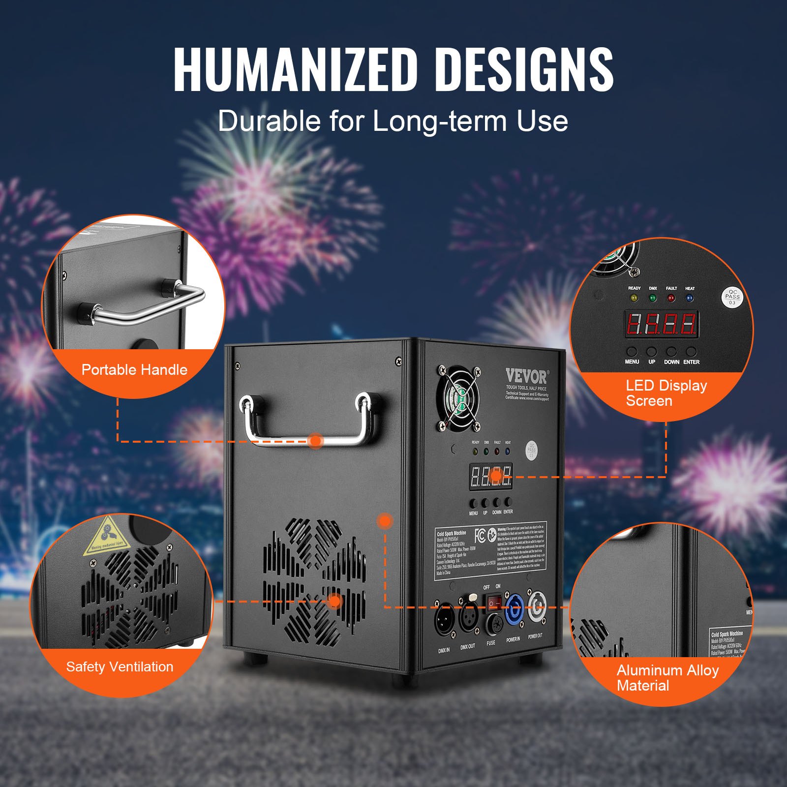 VEVOR Spark Machine 500W Pyrotechniek Machine Aluminiumlegering Vuurwerkmachine DMX Controller Verstelbare 2-4m Koude Vonkmachine 7 min per oplaadbeurt Ideaal voor Bruiloften, DJ Shows, Feesten