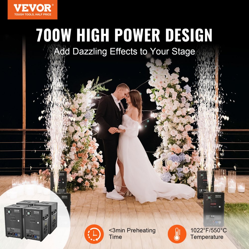 VEVOR Cold Spark Machine, 4 Pack 700W Output Fireworks Controllers, 6.6-16.4ft Adjustable Height, with Advanced DMX System,LED Screen,Portable Handle, Aluminum Alloy for Stage DJ Wedding Event,Party