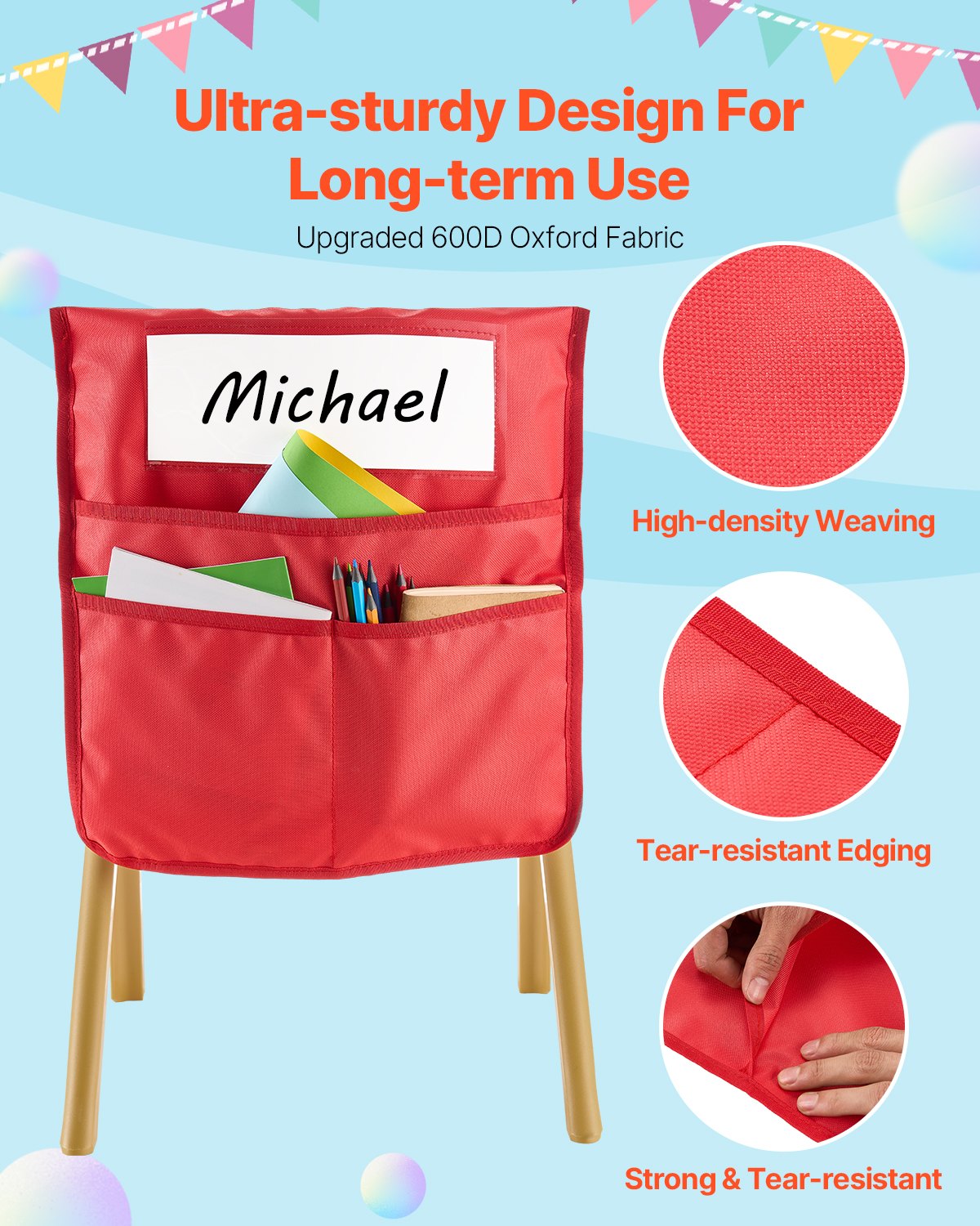 VEVOR Chair Pockets for Classroom, 24 Pack, 18 x 20 Inches Chairback Buddy Pocket with Name Tag, 6 Bright Colors, Back of Chair Organizer for Kids in Classroom, Kindergarten, School, and Home