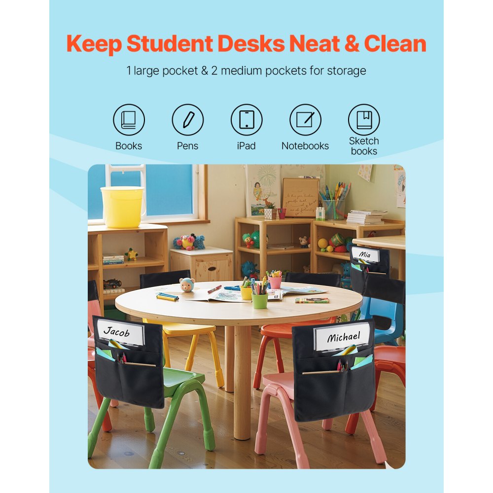 VEVOR Chair Pockets for Classroom, 24 Pack, 14 x 15 Inches Chairback Buddy Pocket with Name Tag, Back of Chair Organizer for Kids in Classroom, Kindergarten, School, and Home, Black