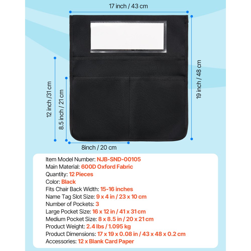VEVOR Chair Pockets for Classroom, 12 Pack, 17 x 19 Inches Chairback Buddy Pocket with Name Tag, Back of Chair Organizer for Kids in Classroom, Kindergarten, School, and Home, Black