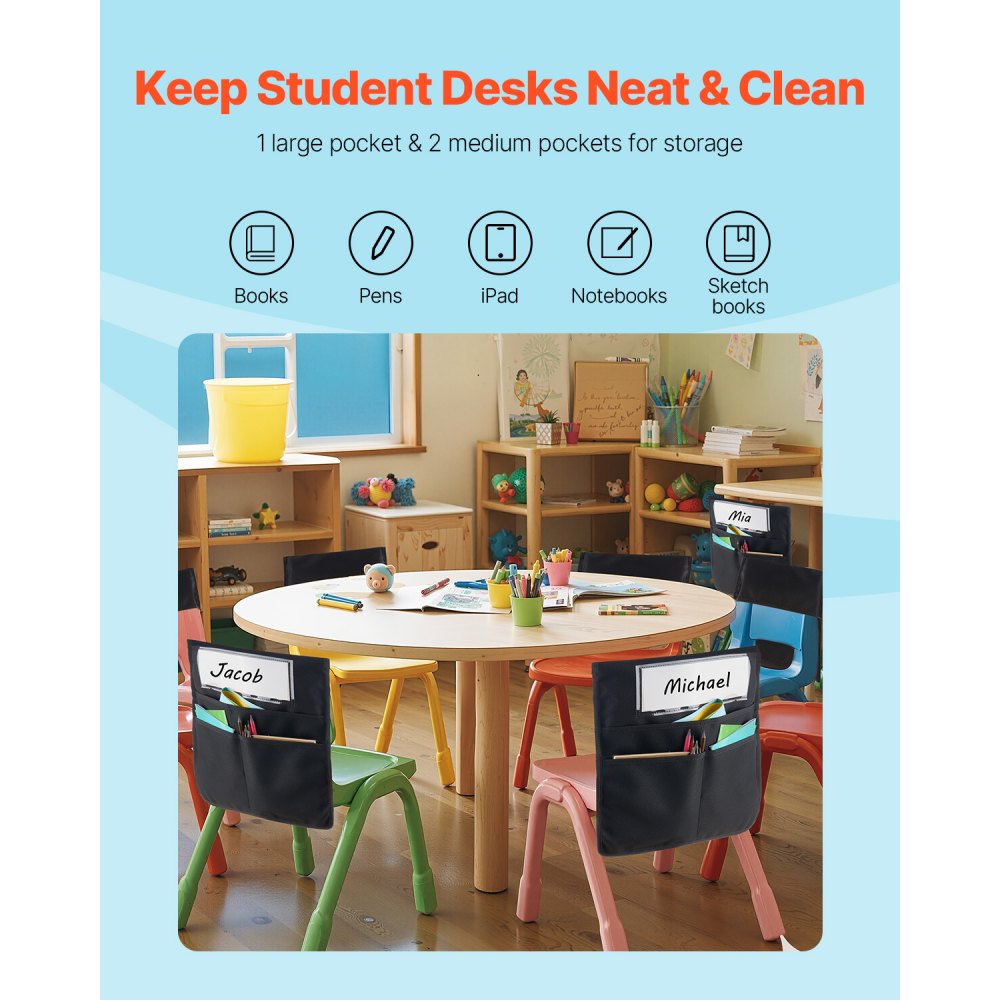 VEVOR Classroom Chair Pocket, 12-pack, 47 x 51 cm, rugleuningzak met naamplaatje, stoelrugorganizer voor kinderen in het klaslokaal, kleuterschool, school en thuis, zwart